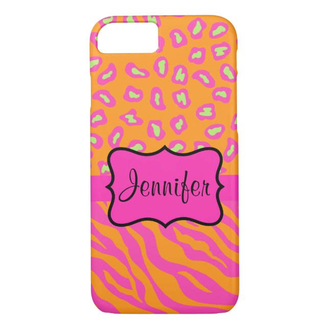 Orange Pink Zebra Leopard Skin Name Personalized Case-Mate iPhone Case (Back)