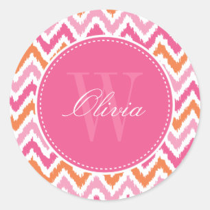 Orange Pink Zigzag Ikat Pattern Monogram Classic Round Sticker