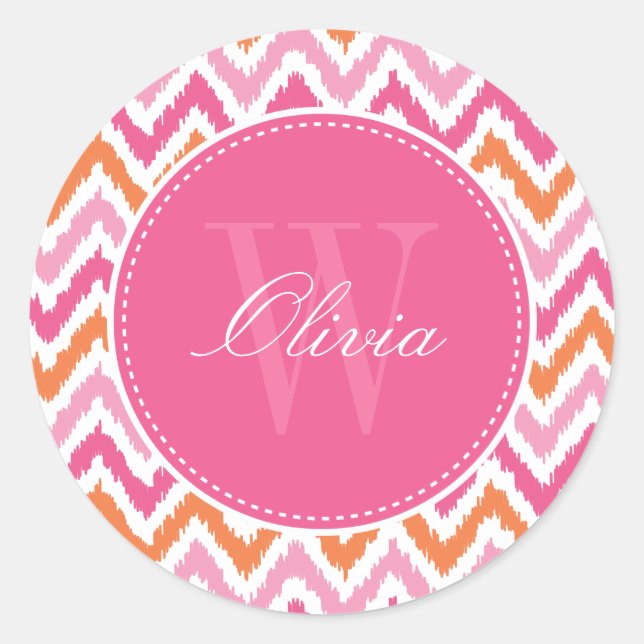 Orange Pink Zigzag Ikat Pattern Monogram Classic Round Sticker (Front)