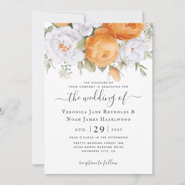 Orange Piper Blanc Ranunculus Florals Invitation (Devant)
