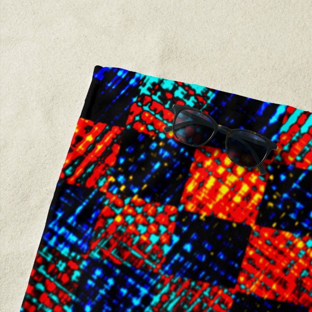 Orange plaid almost red, blue, and faux dirty  beach towel (In Situ)