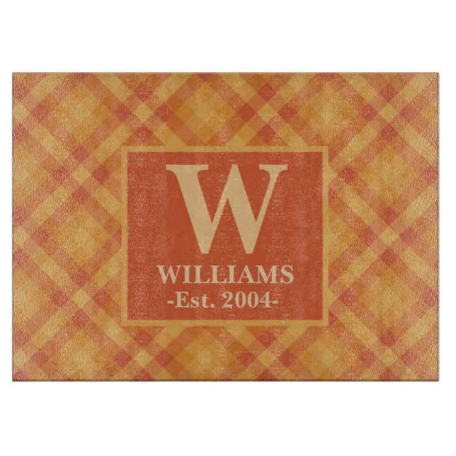 Orange Plaid Autumn FALL Monogram Family Name Est. Cutting Board (Front)