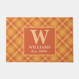 Orange Plaid Autumn FALL Monogram Family Name Est Doormat