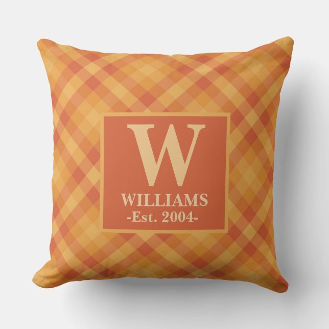 Orange Plaid Autumn FALL Monogram Family Name  Throw Pillow (Front)