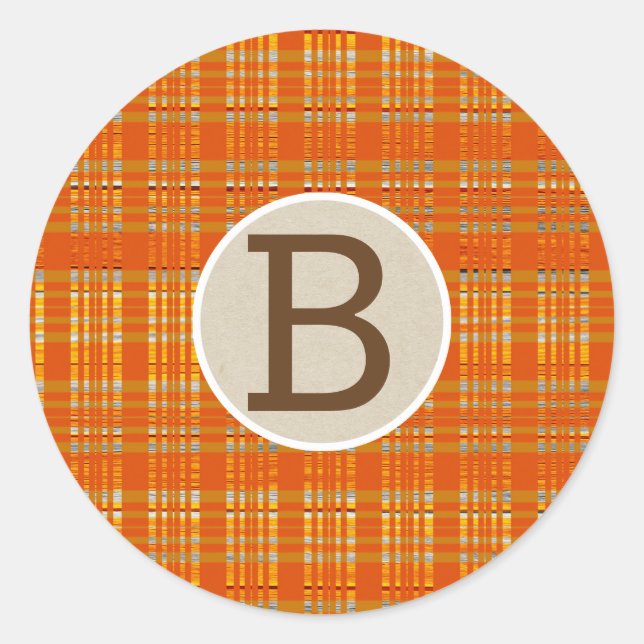 Orange Plaid & Brown Kraft Rustic Monogram Initial Classic Round Sticker (Front)