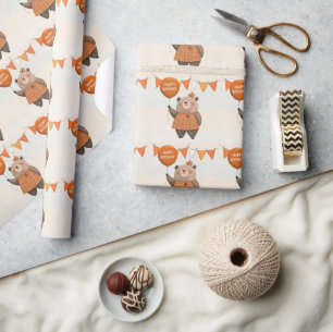 Orange Plaid Dress Bear with Hair Bow Wrapping Paper