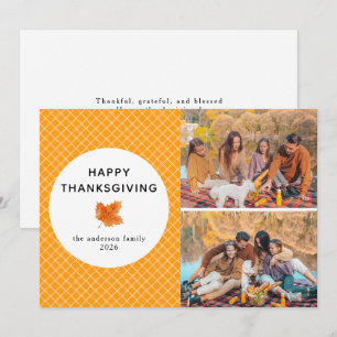 Orange Plaid Happy Thanksgiving Autumn 2 Photo Holiday Card