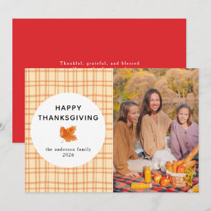 Orange Plaid Happy Thanksgiving Autumn Photo Holiday Card