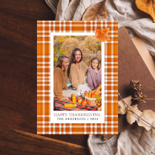 Orange Plaid   Happy Thanksgiving Autumn Photo Holiday Card
