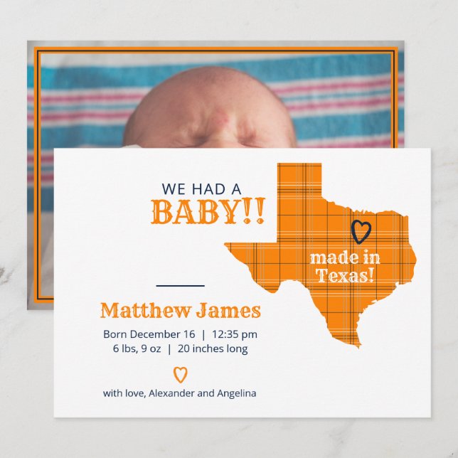 Orange Plaid Made In Texas Horizontal Photo Announcement (Front/Back)