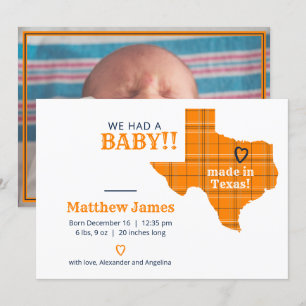 Orange Plaid Made In Texas Horizontal Photo Announcement
