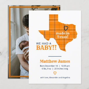 Orange Plaid Made In Texas Vertical Photo Announcement