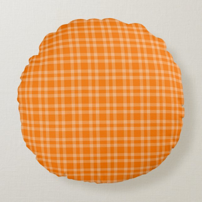 Orange Plaid Pattern Round Pillow (Front)