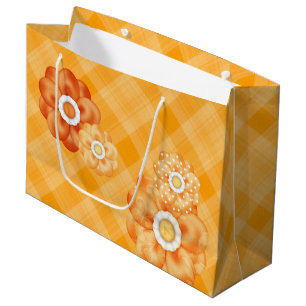 ORANGE PLAID PATTERN WITH ORANGE FLOWERS LARGE GIFT BAG