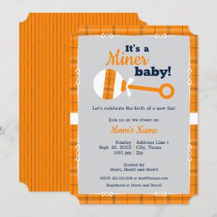 Orange Plaid Rattle Miner Baby Shower Invitation