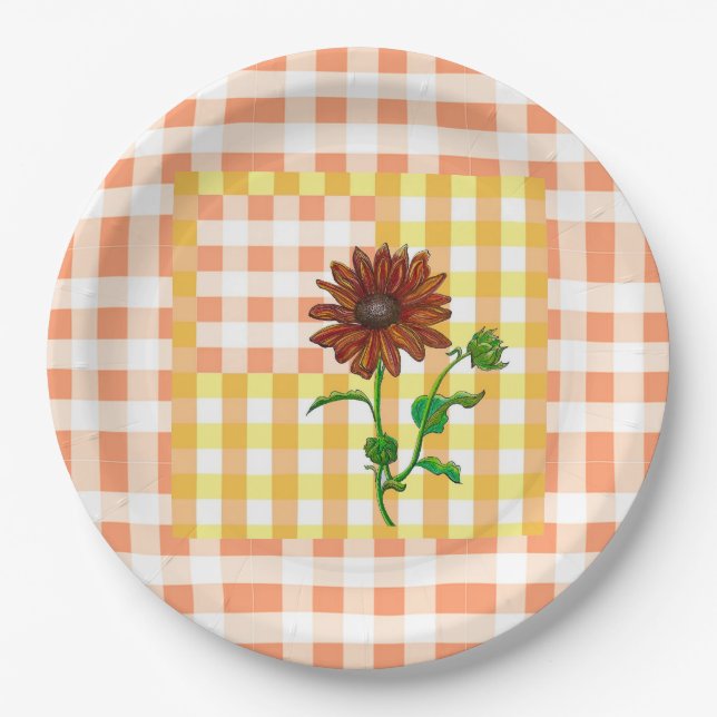Orange Plaid Sunflower Paperplate Paper Plate (Front)