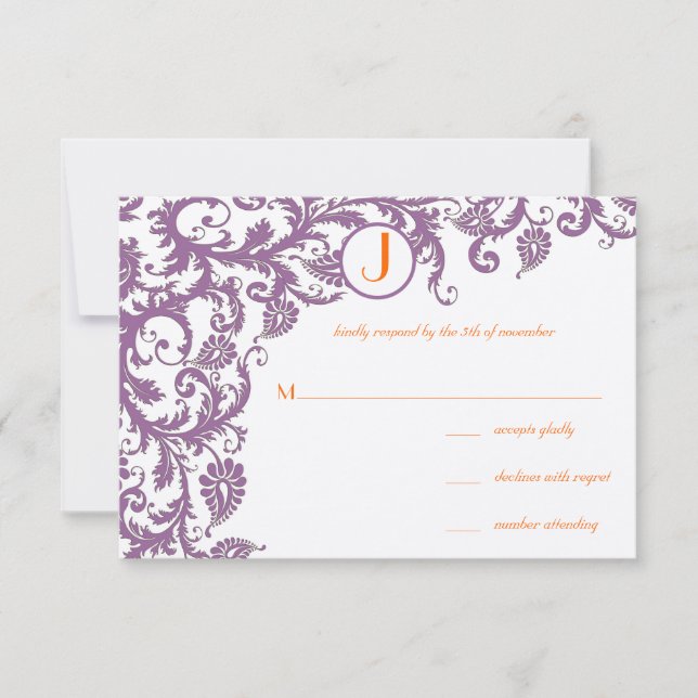 Orange Plum Damask Faire-part de mariage (Devant)
