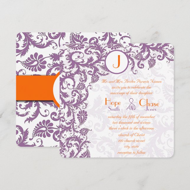 Orange Plum Damask Faire-part de mariage (Devant / Derrière)