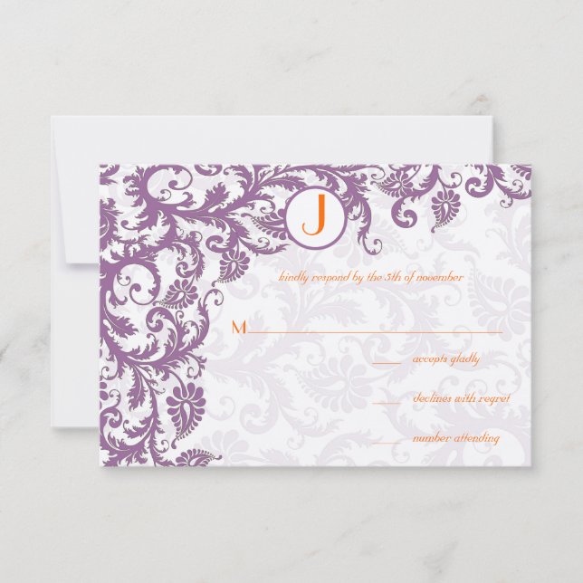 Orange Plum Damask Monogram Wedding Invitation (Front)