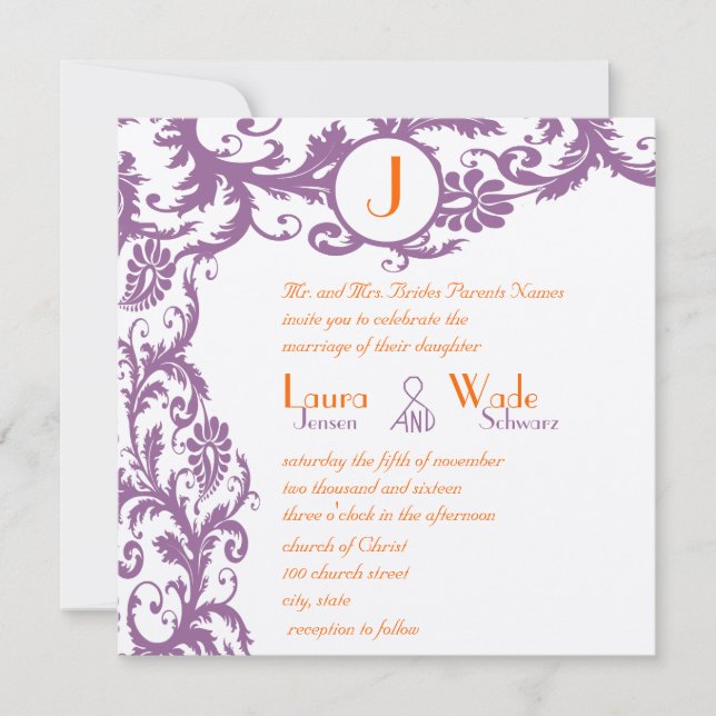 Orange Plum Damask Monogram Wedding Invitation (Front)