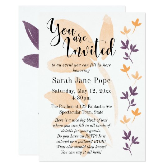 Orange & Plum Leaves Pretty Typography Invitation