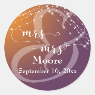 Orange Plum Ombre & Light Strings Mrs & Mrs Classic Round Sticker