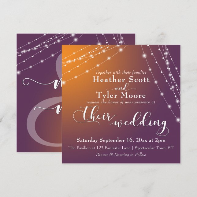 Orange Plum Ombre & Light Strings Wedding 2b Invitation (Front/Back)