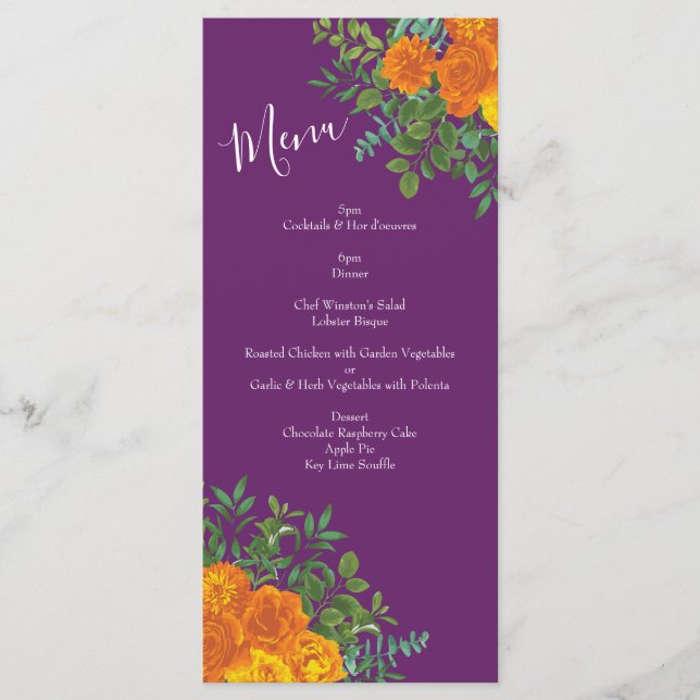 Orange & Plum violet Peony & Mariage Rose Menu (Devant)