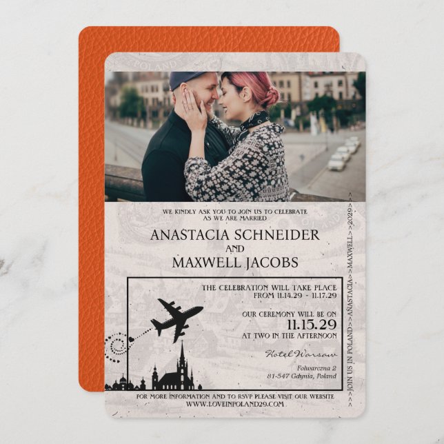 Orange Poland Passport Wedding Invitation (Front/Back)