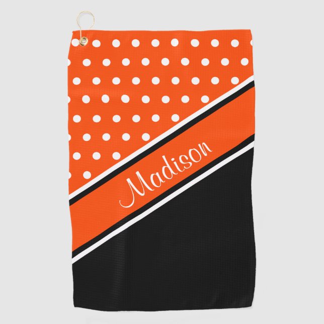 Orange Polka Dot Black Diagonal Script Name Golf Towel (Front)