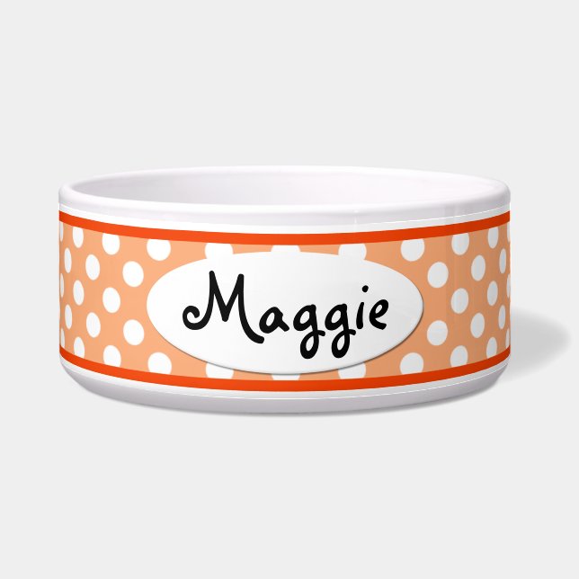 Orange Polka Dot Personalized Ceramic Dog Bowl (Front)