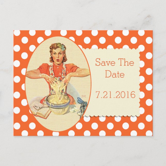 Orange Polka Dot Retro Save The Date Postcard (Front)