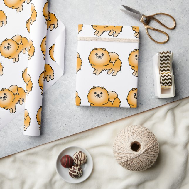 Orange Pomeranian Cute Cartoon Dog Pattern Wrapping Paper (Crafts)