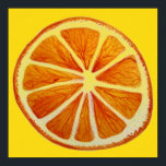 Orange pop art citrus fruit watercolor art poster<br><div class="desc">An original art design by Sacha Grossel of a large macro juicy orange slice painted in detail with watercolour against a citrus yellow background. This giant pop art orange would be perfect for a home or café to add some colour to the walls. Perfect for lovers of fruit art.</div>