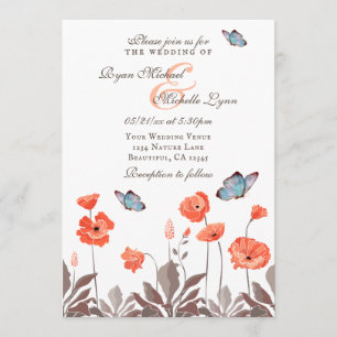 Orange Poppies and Blue Butterflies Floral Wedding Invitation
