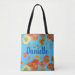 Orange Poppies bleu Floral fleurs Fille Nom Sac
