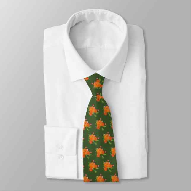 Orange Poppies Botanical Green Grooms Tie (Tied)