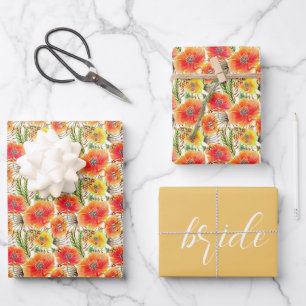 Orange Poppies Bridal Wedding Wrapping Paper Sheet