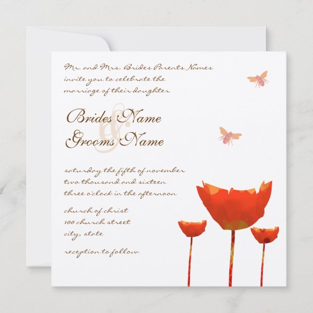 Orange Poppies & Bumble Bees Faire-part de mariage (Devant)
