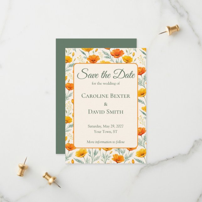Orange Poppies Flowers  Save The Date (Front/Back In Situ)
