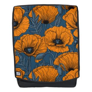 Orange poppies on dark blue backpack