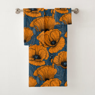Orange poppies on dark blue bath towel set