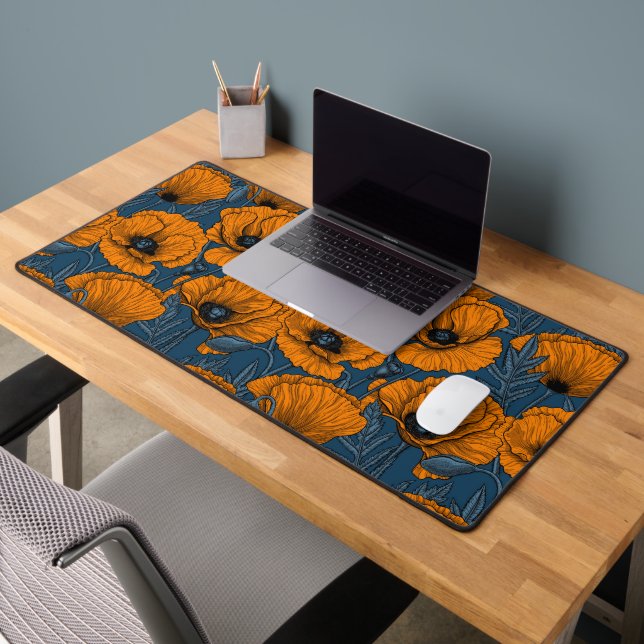 Orange poppies on dark blue desk mat (Office 2)