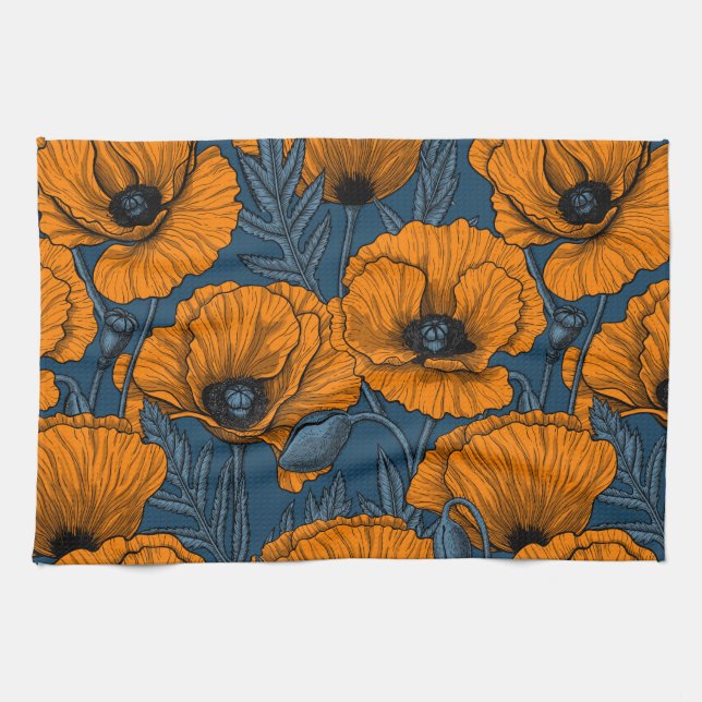 Orange poppies on dark blue kitchen towel (Horizontal)
