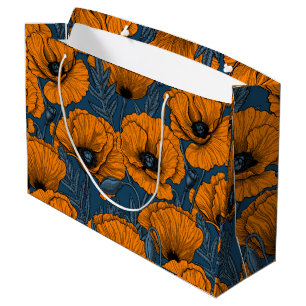 Orange poppies on dark blue large gift bag