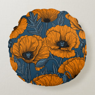 Orange poppies on dark blue round pillow