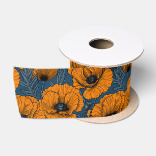 Orange poppies on dark blue satin ribbon