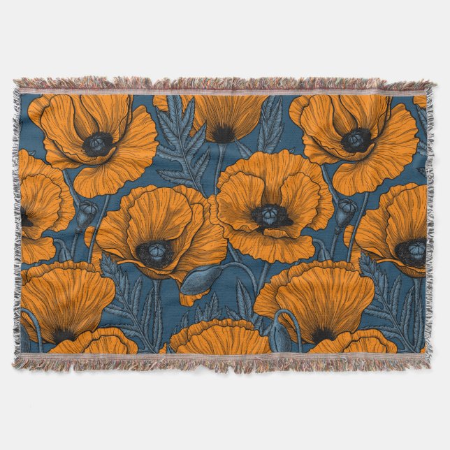 Orange poppies on dark blue throw blanket (Front)