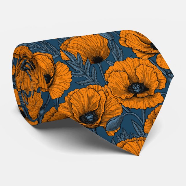 Orange poppies on dark blue tie (Rolled)
