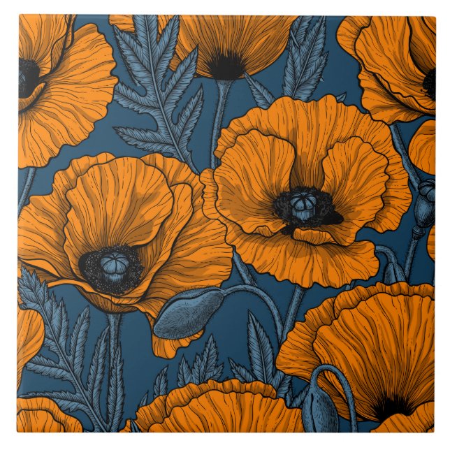 Orange poppies on dark blue tile (Front)